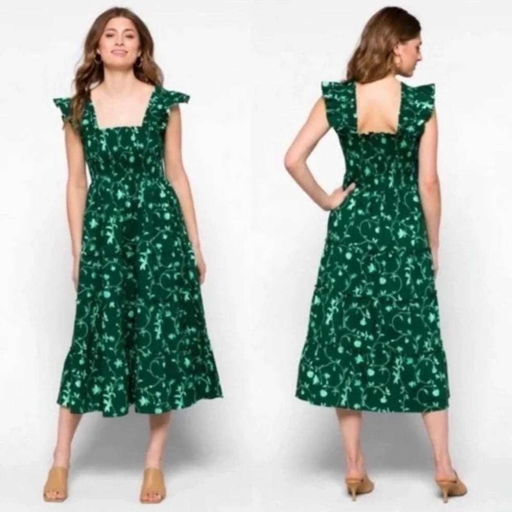 Hill House Ellie Nap Dress in Green Botanical Floral Smocked Midi Ruffle S